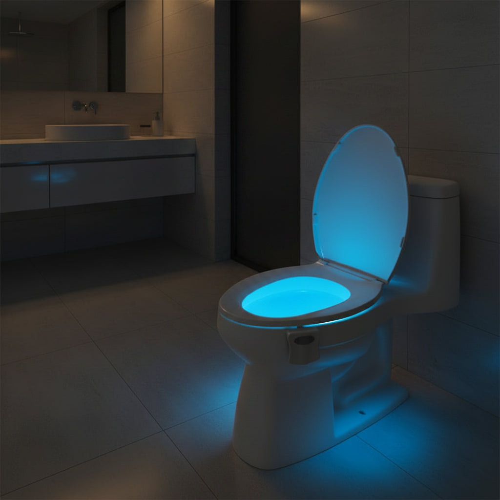 Toilet bowl glowing teal in a dark bathroom, the only light in the room
