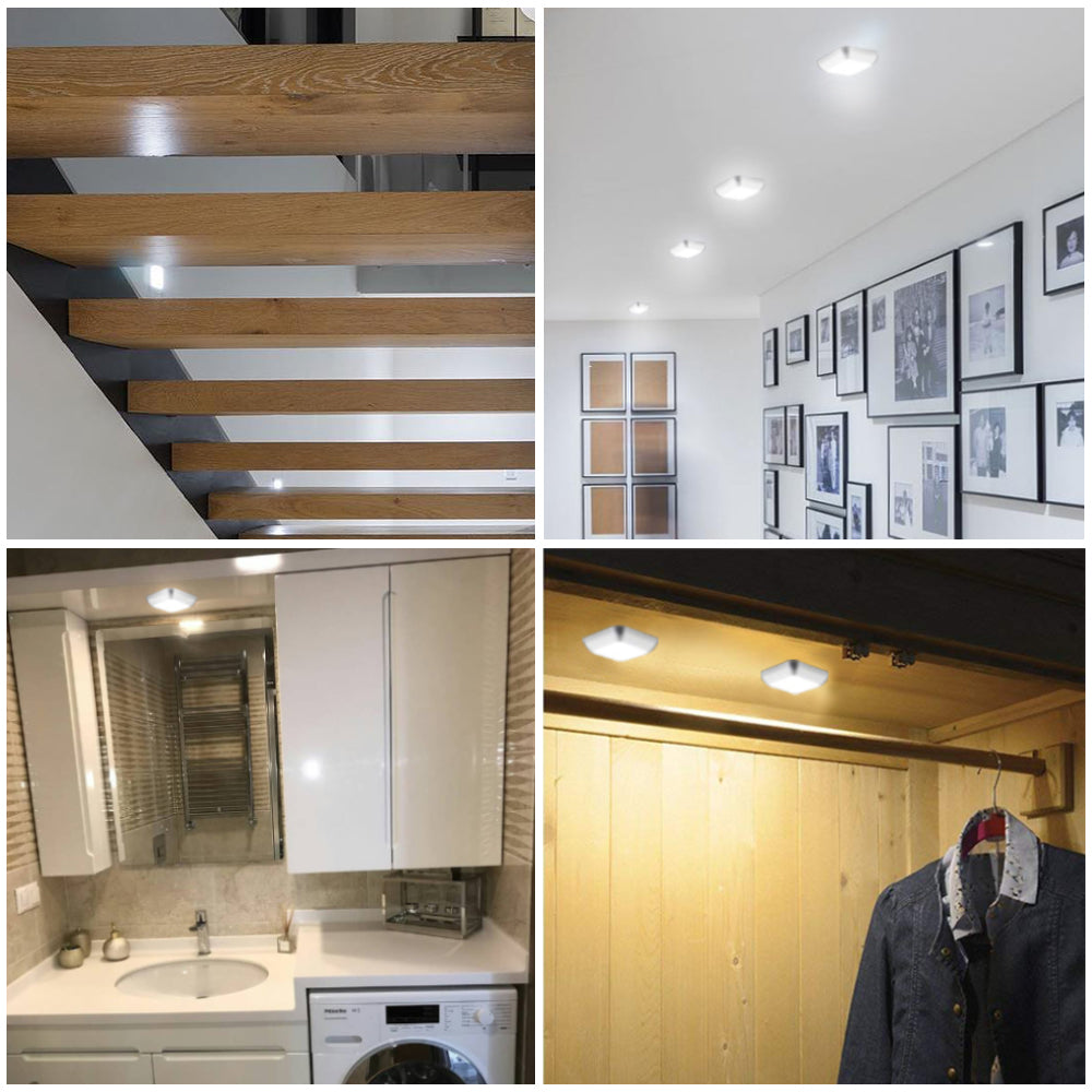 Puck lights in use on a staircase, a hallway ceiling, a bathroom cabinet and a wardrobe rail