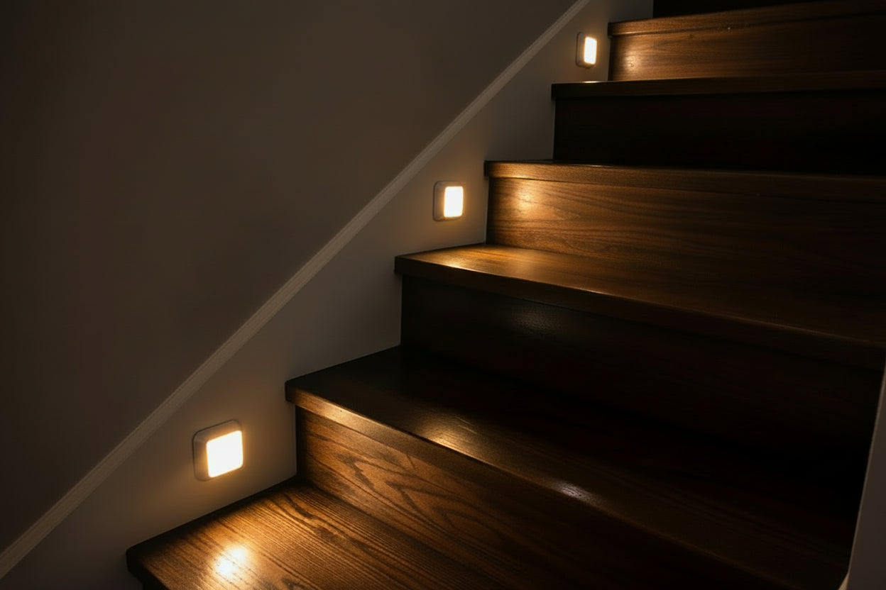 Three puck lights mounted down a staircase wall, lighting the treads at night