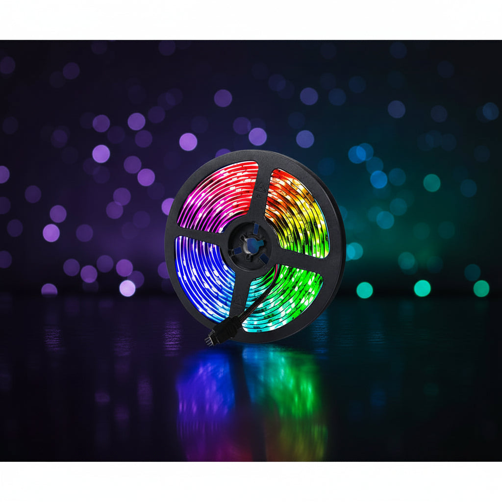 RGB LED strip on the reel, lit through pink, orange, green and blue