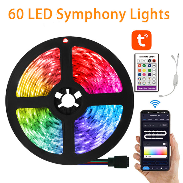 Reel of RGB LED strip lit across the full color range, shown with its infrared remote