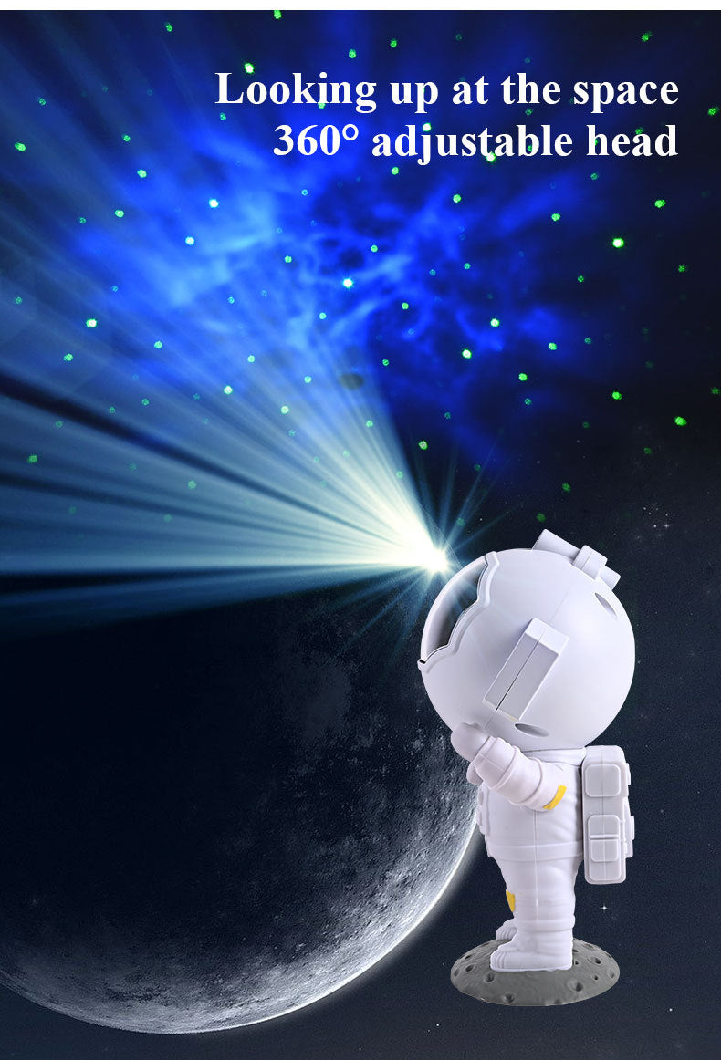 Rear view of the astronaut with its head tilted up, projecting a blue nebula