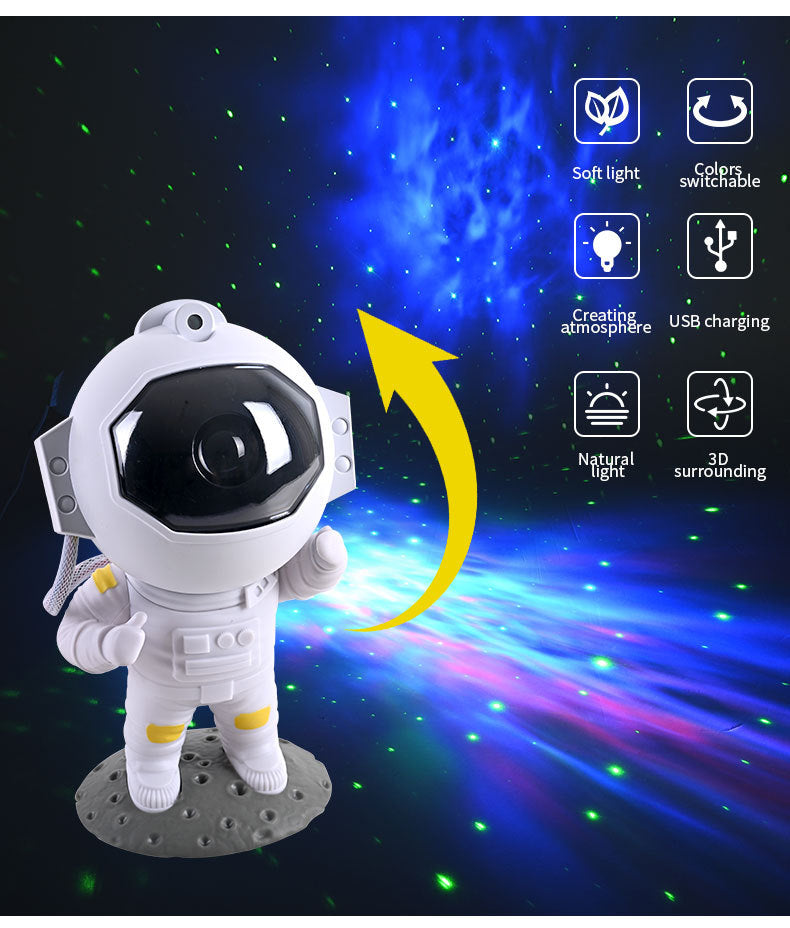 The projector aimed upward at a blue nebula, with its feature icons listed