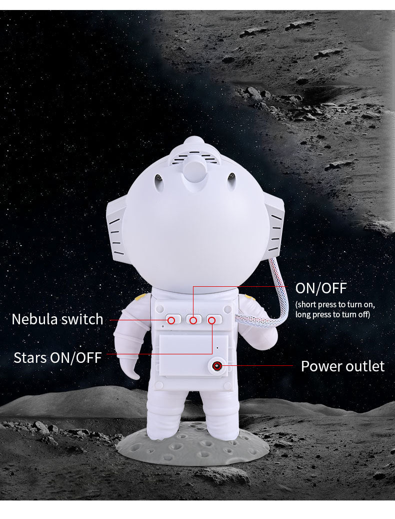 The three buttons on the astronaut's back labeled cloud, stars and power, with the power socket