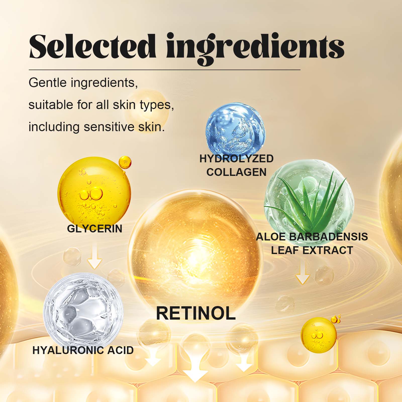 Selected ingredients: glycerin, hydrolyzed collagen, aloe barbadensis leaf extract, retinol, hyaluronic acid