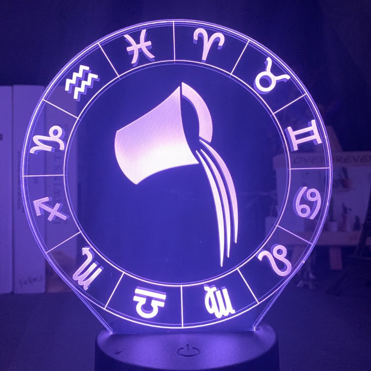 Aquarius water bearer engraved on the acrylic zodiac night light, lit purple