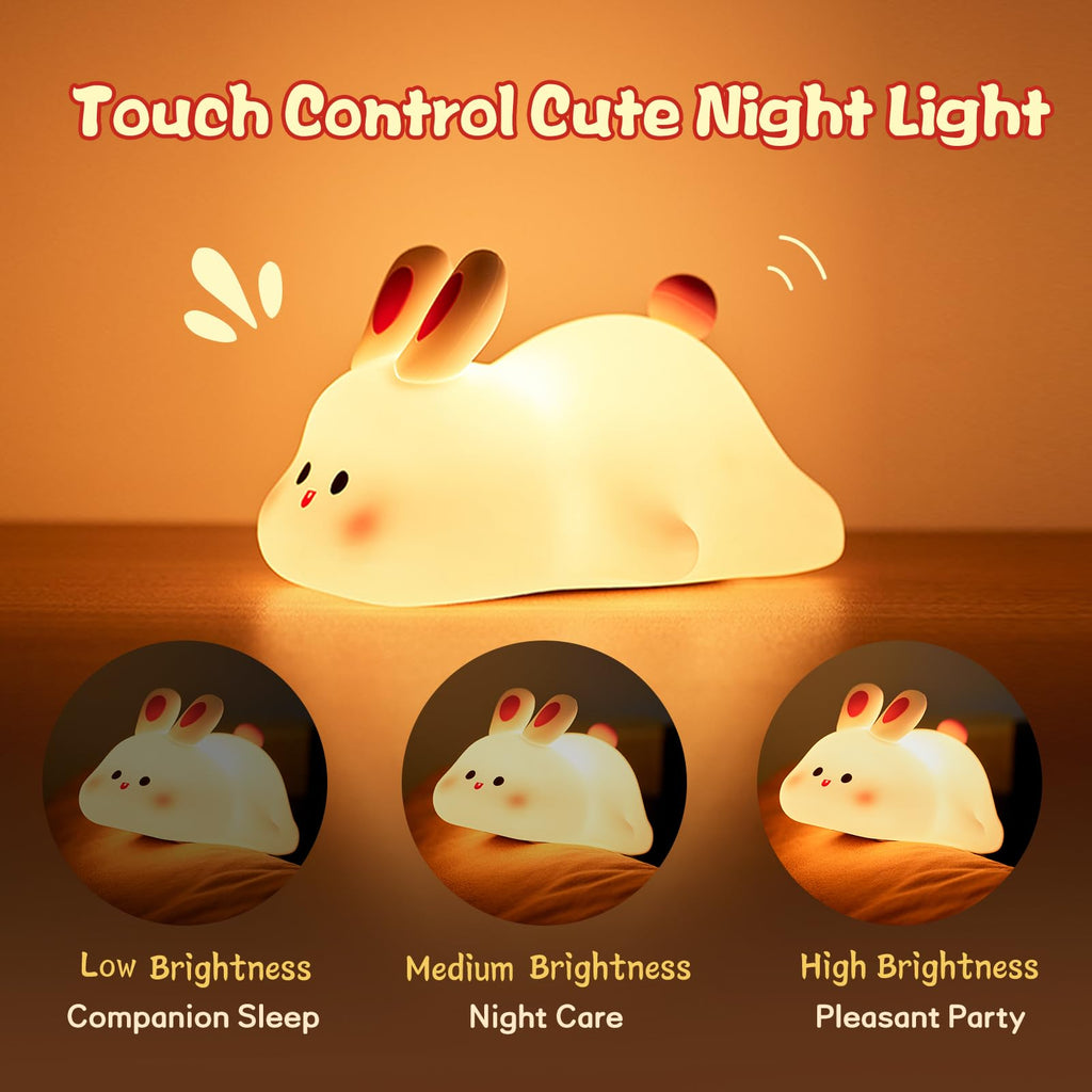 The rabbit light shown at its three brightness levels, from a dim glow up to full brightness