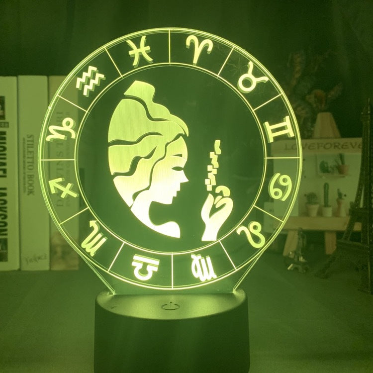 Virgo maiden engraved on the acrylic zodiac night light, lit green