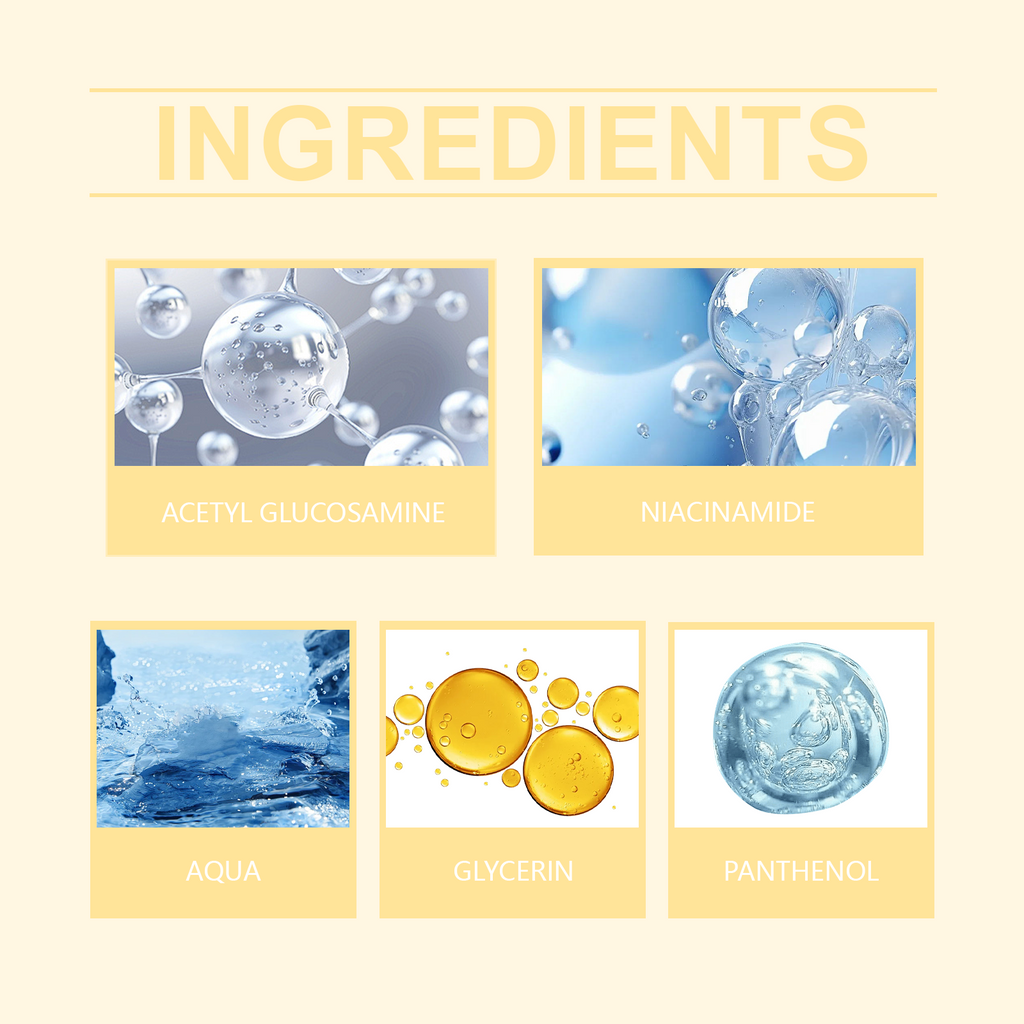 Ingredients: acetyl glucosamine, niacinamide, aqua, glycerin, panthenol