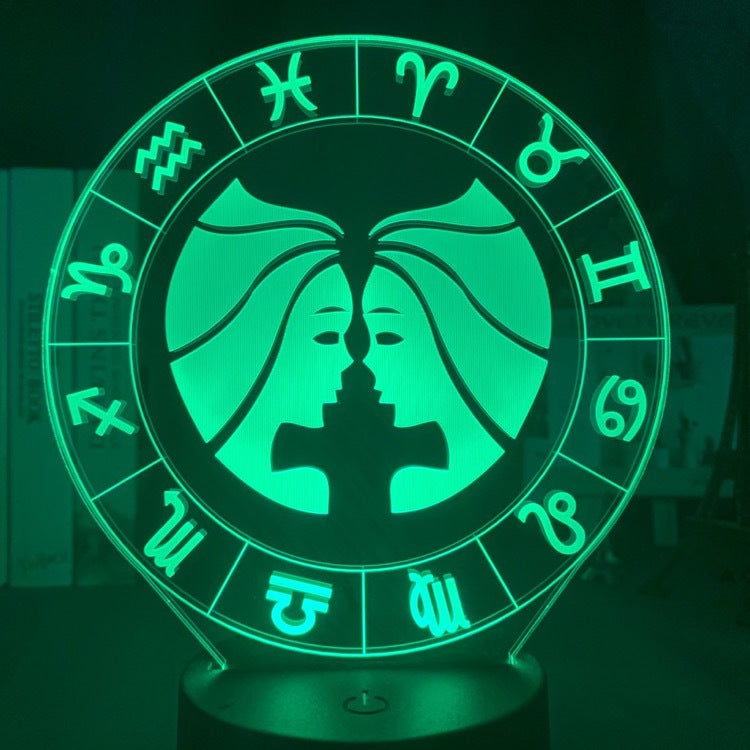 Gemini twins engraved on the acrylic zodiac night light, lit green