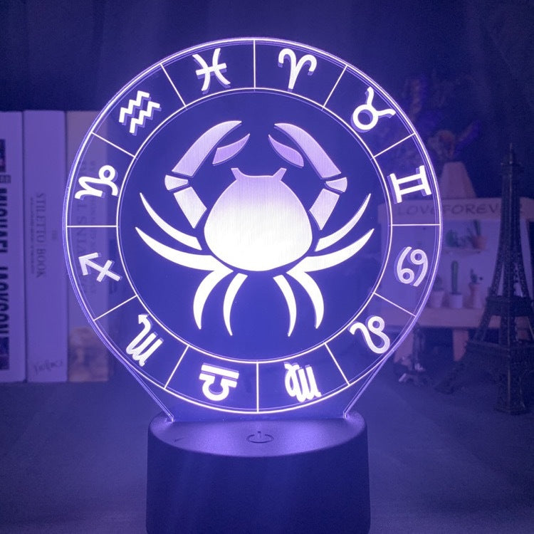 Cancer crab engraved on the acrylic zodiac night light, lit purple