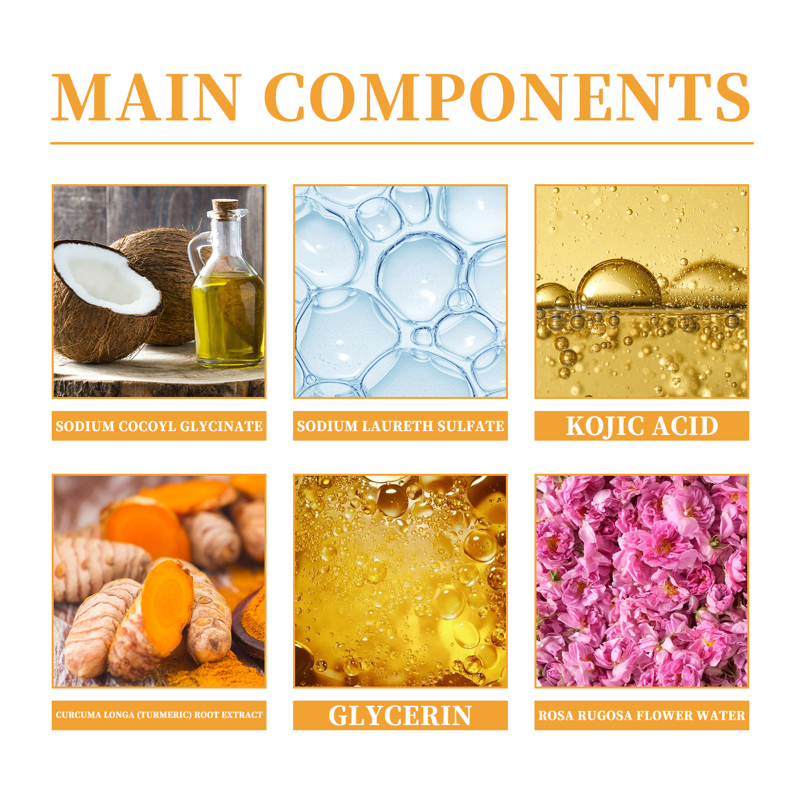 Main components: sodium cocoyl glycinate, kojic acid, turmeric extract, glycerin, rosa rugosa flower water