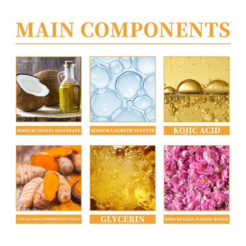 Main components: sodium cocoyl glycinate, kojic acid, turmeric extract, glycerin, rosa rugosa flower water