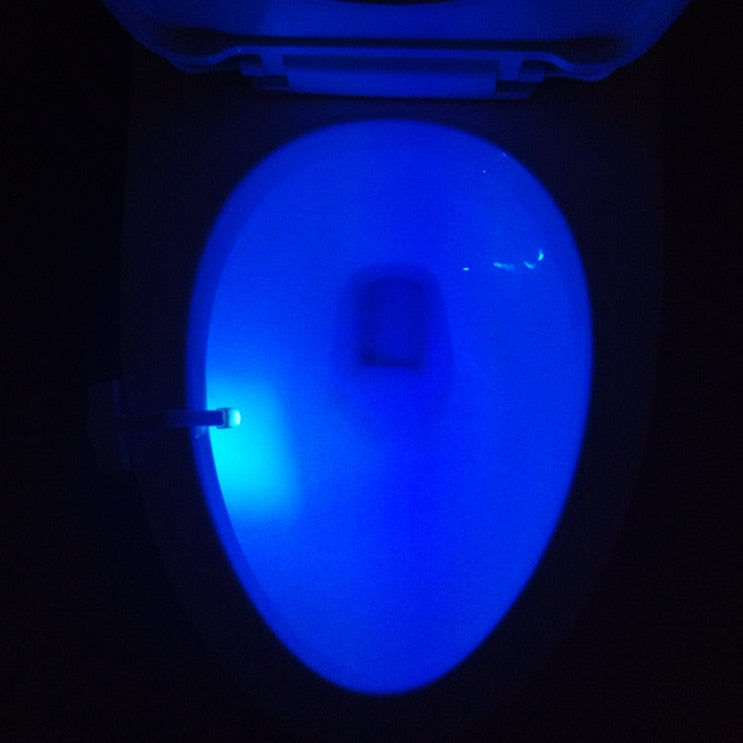 Toilet bowl lit blue by the sensor light clipped to the rim