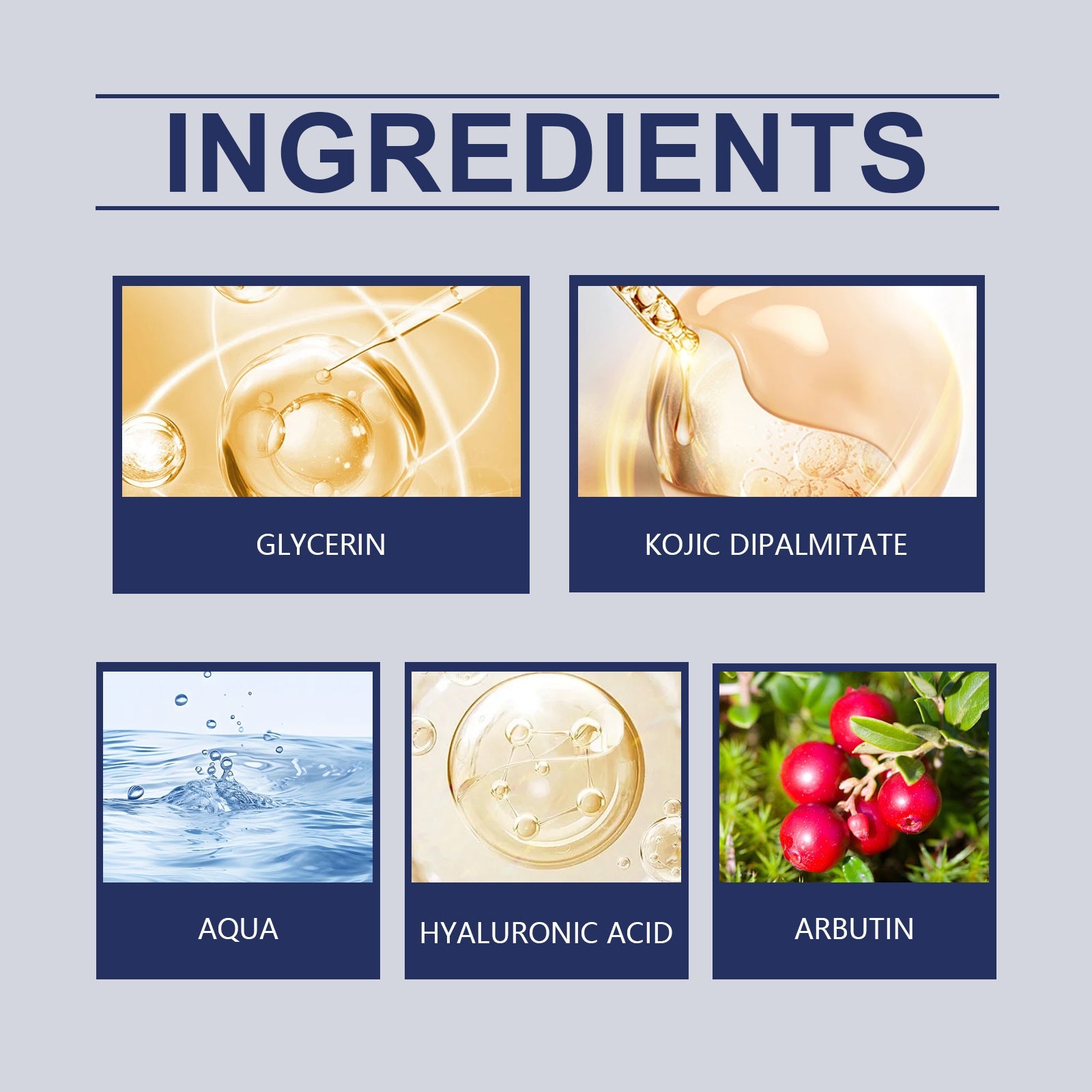 Ingredients: glycerin, kojic dipalmitate, aqua, hyaluronic acid, arbutin