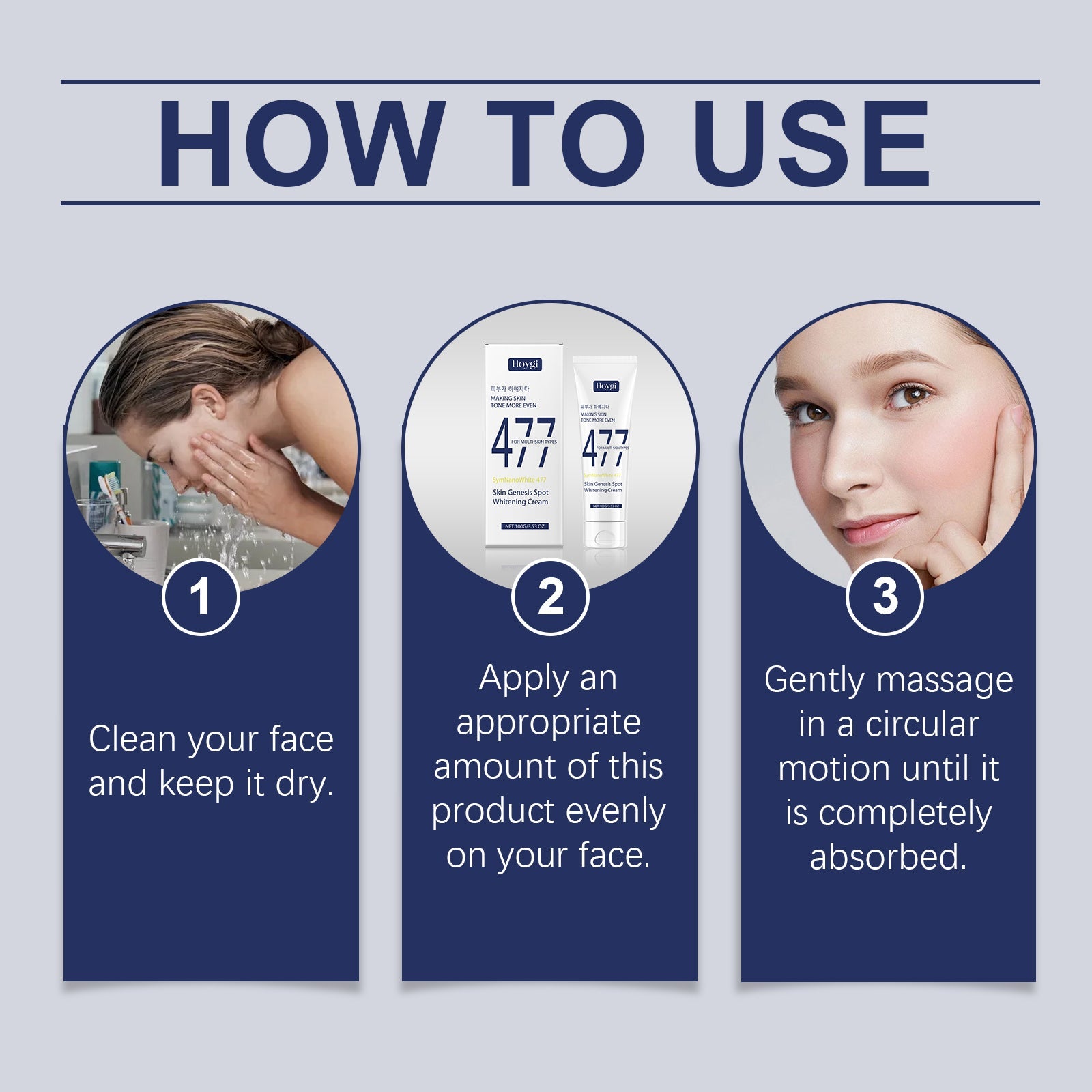 How to use: clean the face, apply evenly, massage in circles