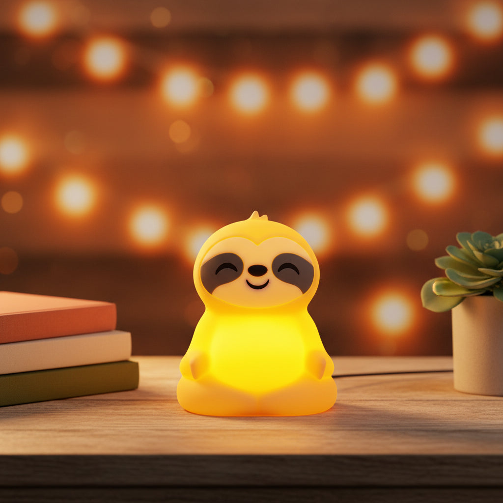 Silicone sloth night light glowing warm amber on a desk beside a stack of books
