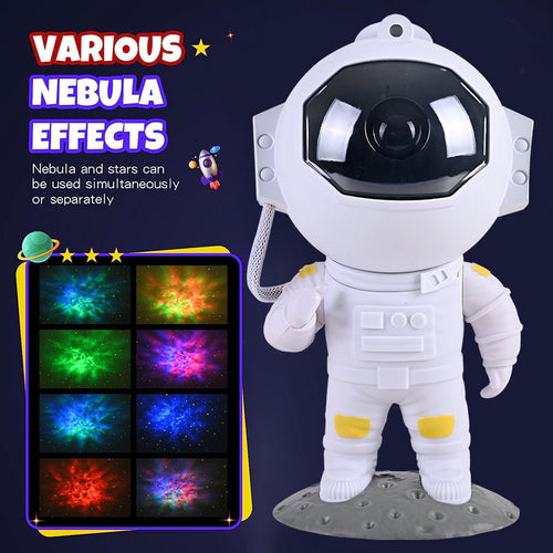 Astronaut galaxy projector beside eight of the nebula colors it produces