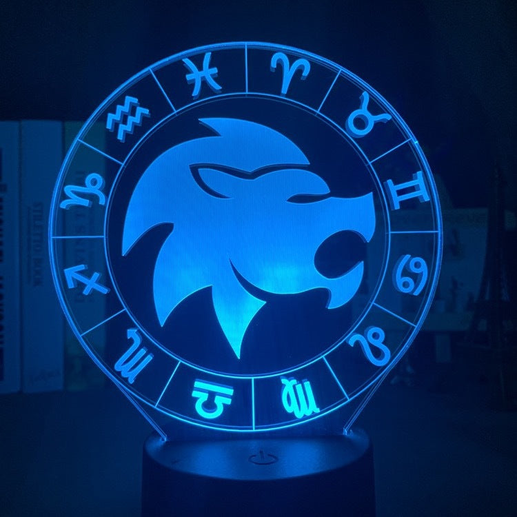 Leo lion engraved on the acrylic zodiac night light, lit blue