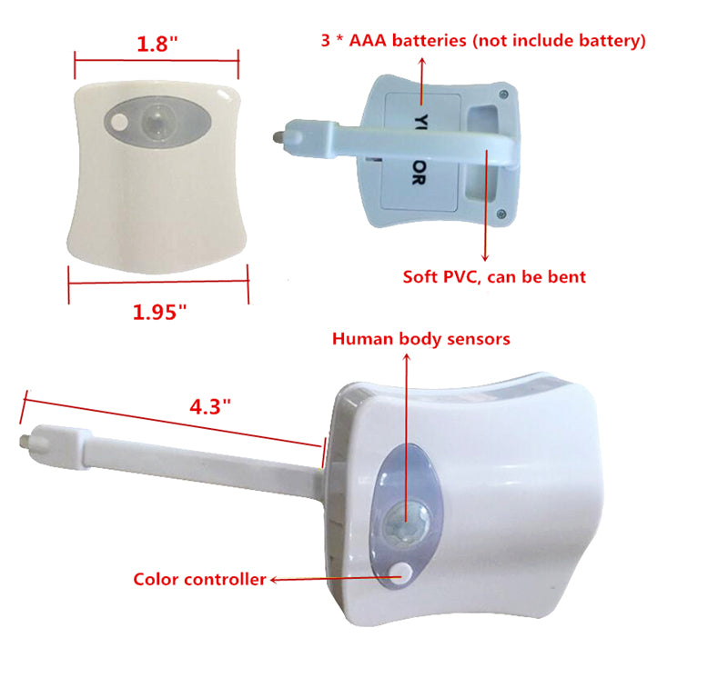 Dimensions and parts: 4.6 cm body, 11 cm with the soft bendable arm, motion sensor and color button, 3 AAA batteries not included