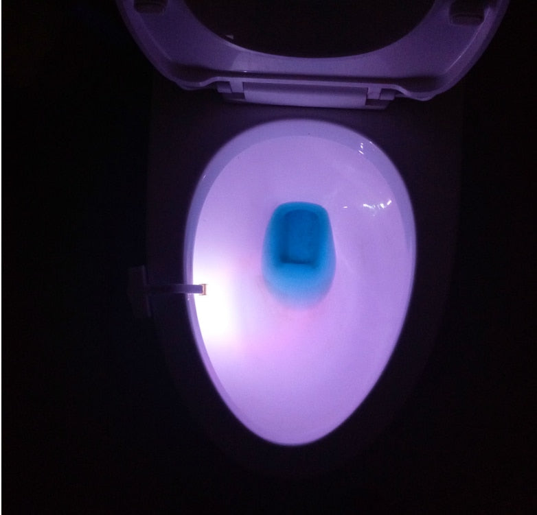 Toilet bowl lit pale violet by the sensor light clipped to the rim
