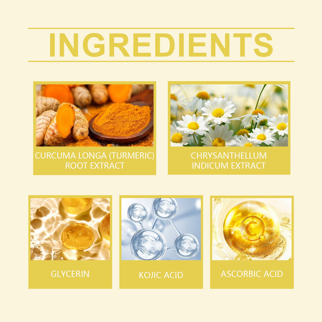 Ingredients: turmeric root extract, chrysanthemum, glycerin, kojic acid, ascorbic acid