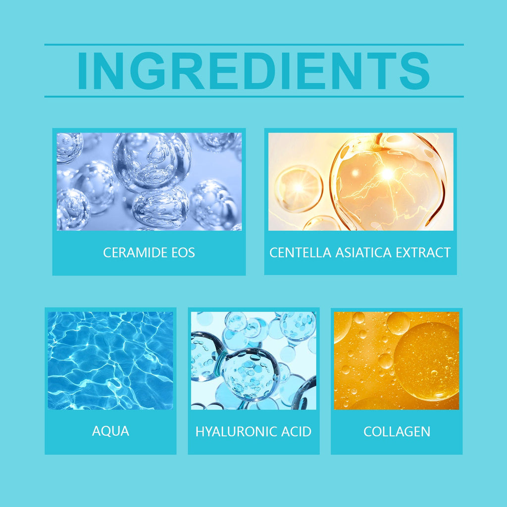 Ingredients: ceramide EOS, centella asiatica extract, aqua, hyaluronic acid, collagen