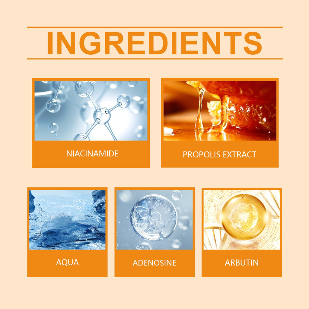 Ingredients: niacinamide, propolis extract, aqua, adenosine, arbutin
