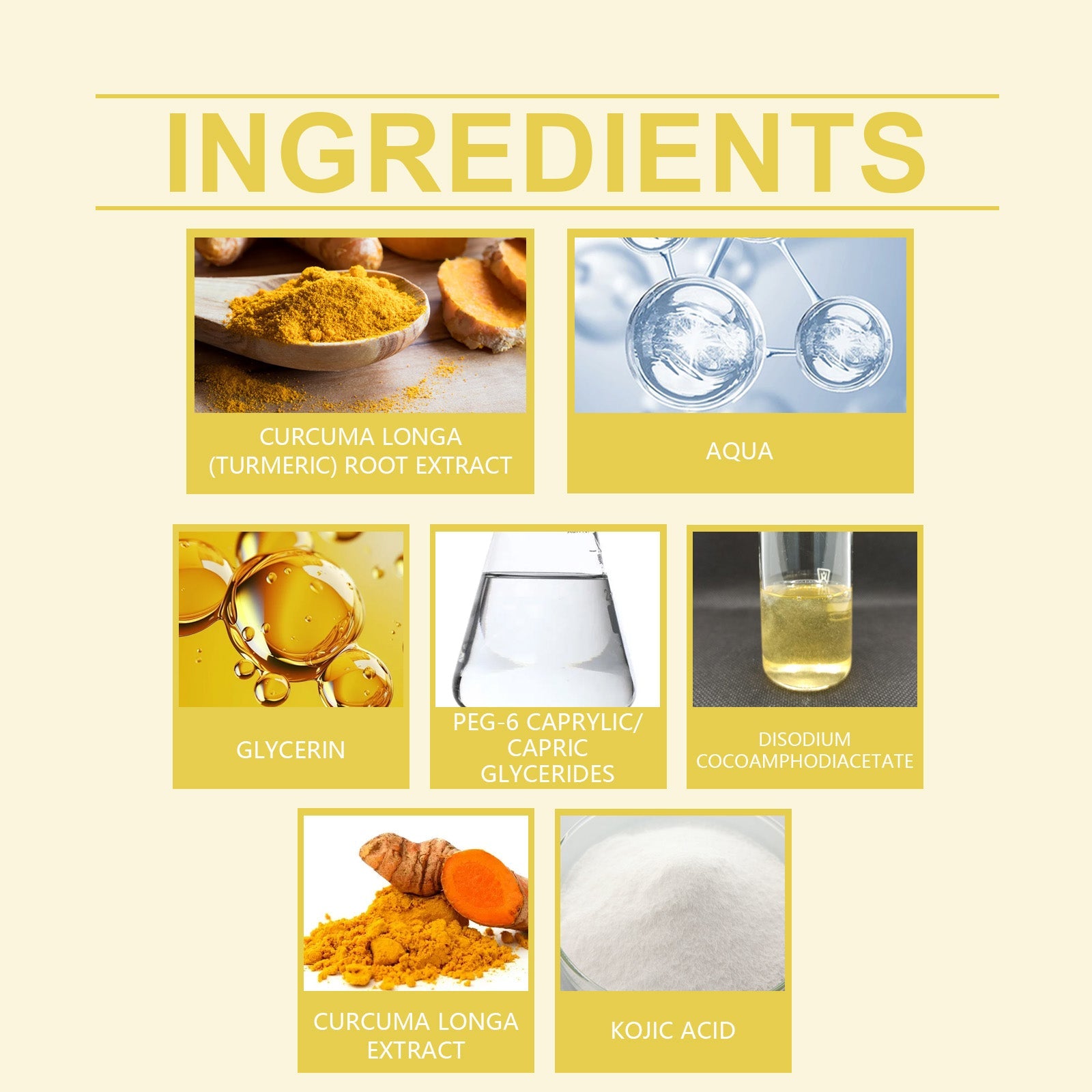 Ingredients: turmeric root extract, aqua, glycerin, kojic acid