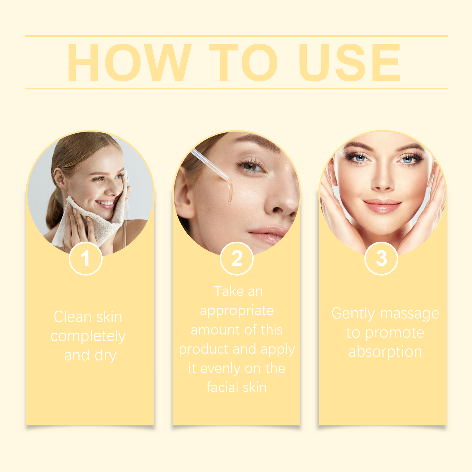 How to use: cleanse, apply evenly, massage in